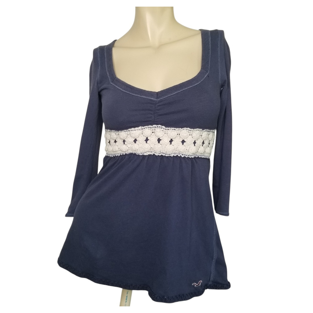 Vtg Y2K Hollister Blue Ivory Crochet Babydoll Knit Top 3/4 Sleeve Med Milkmaid